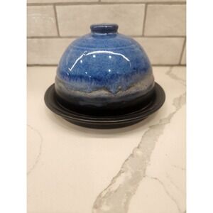 Studio Art Pottery Dome Butter Dish Cheese Plate Blue Black Glazed Stoneware